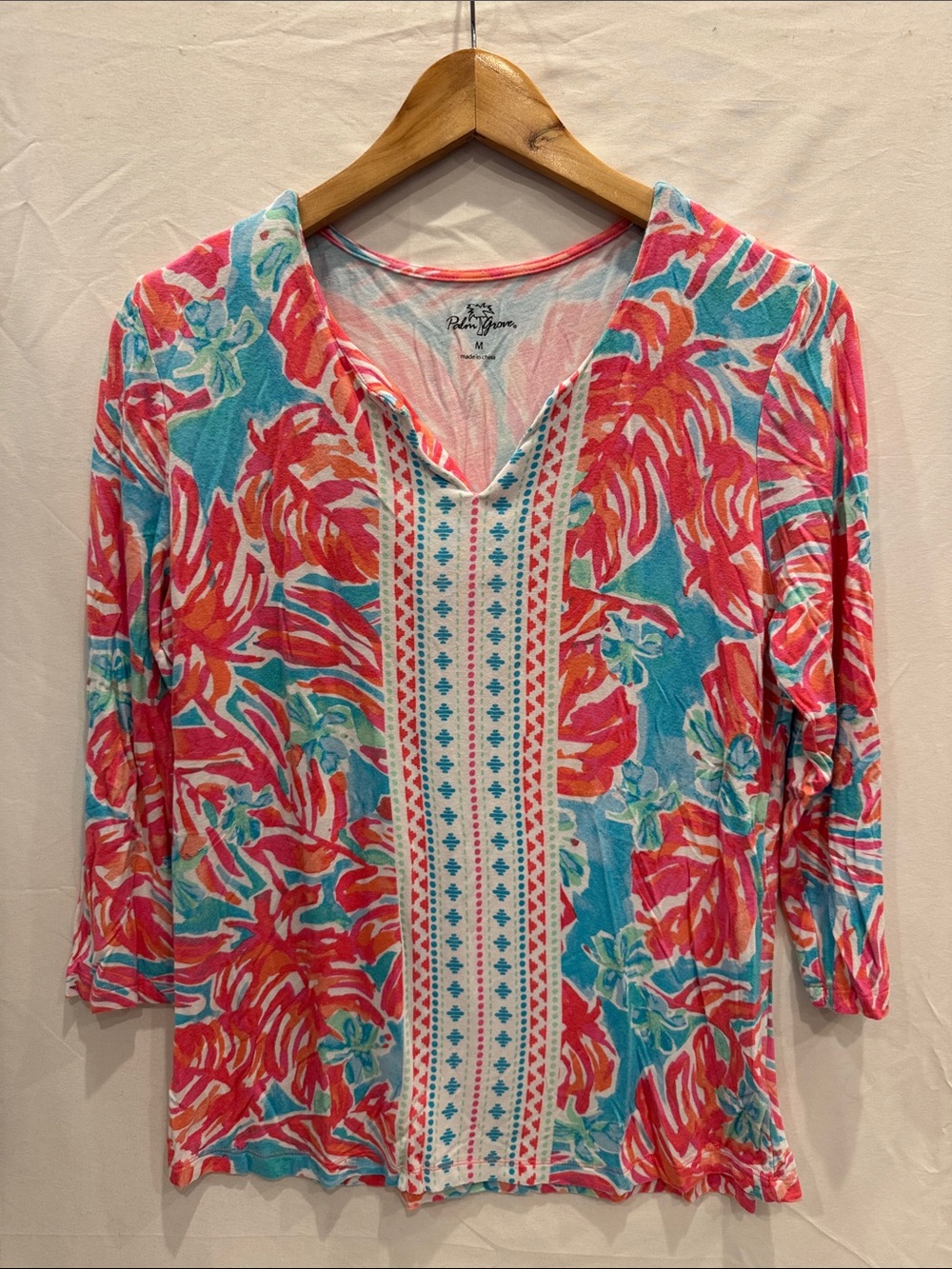 Palm Grove Floral V-Neck Tunic in Turquoise & Pink M Rayon